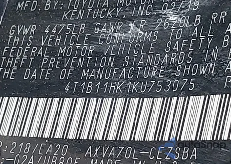 2019 Toyota Camry L из США, поврежденный, VIN 4T1B11HK1KU753075